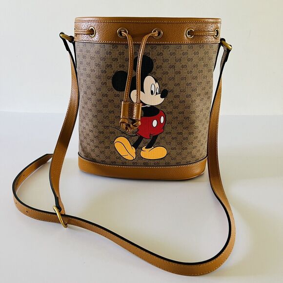 GUCCI x DISNEY Mickey Mouse Print Canvas Leather Bucket Shoulder Bag - Picture 1 of 13